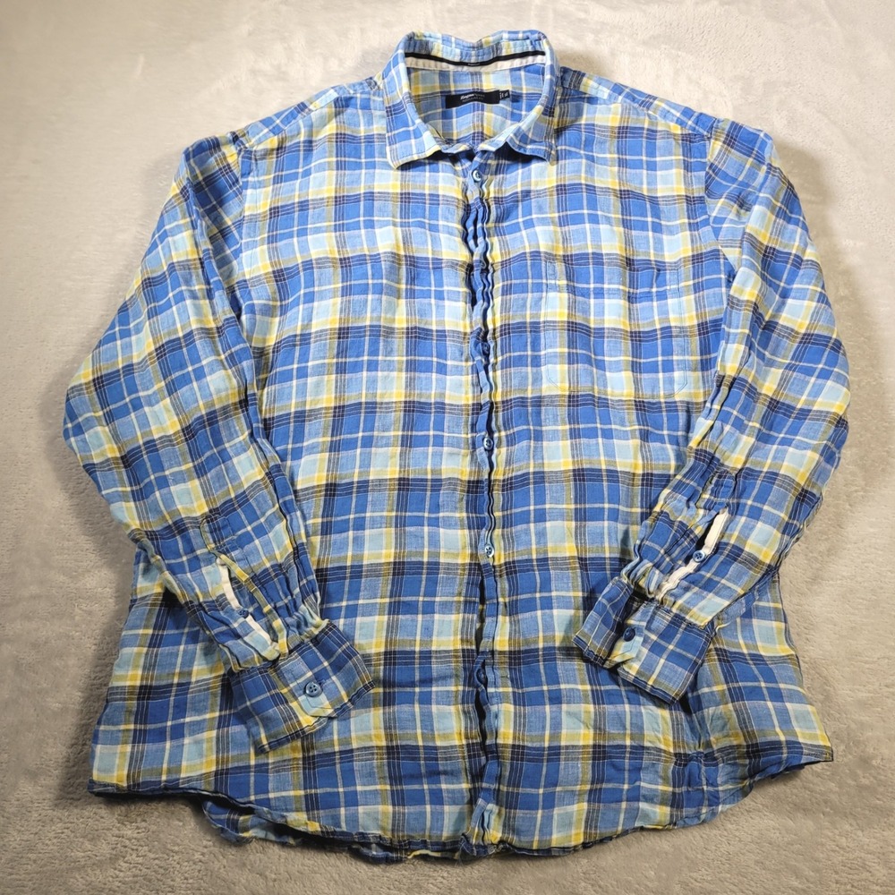 Zegna Sport Shirt Mens XL Blue Yellow Plaid 100% Linen Button Down Regular Fit